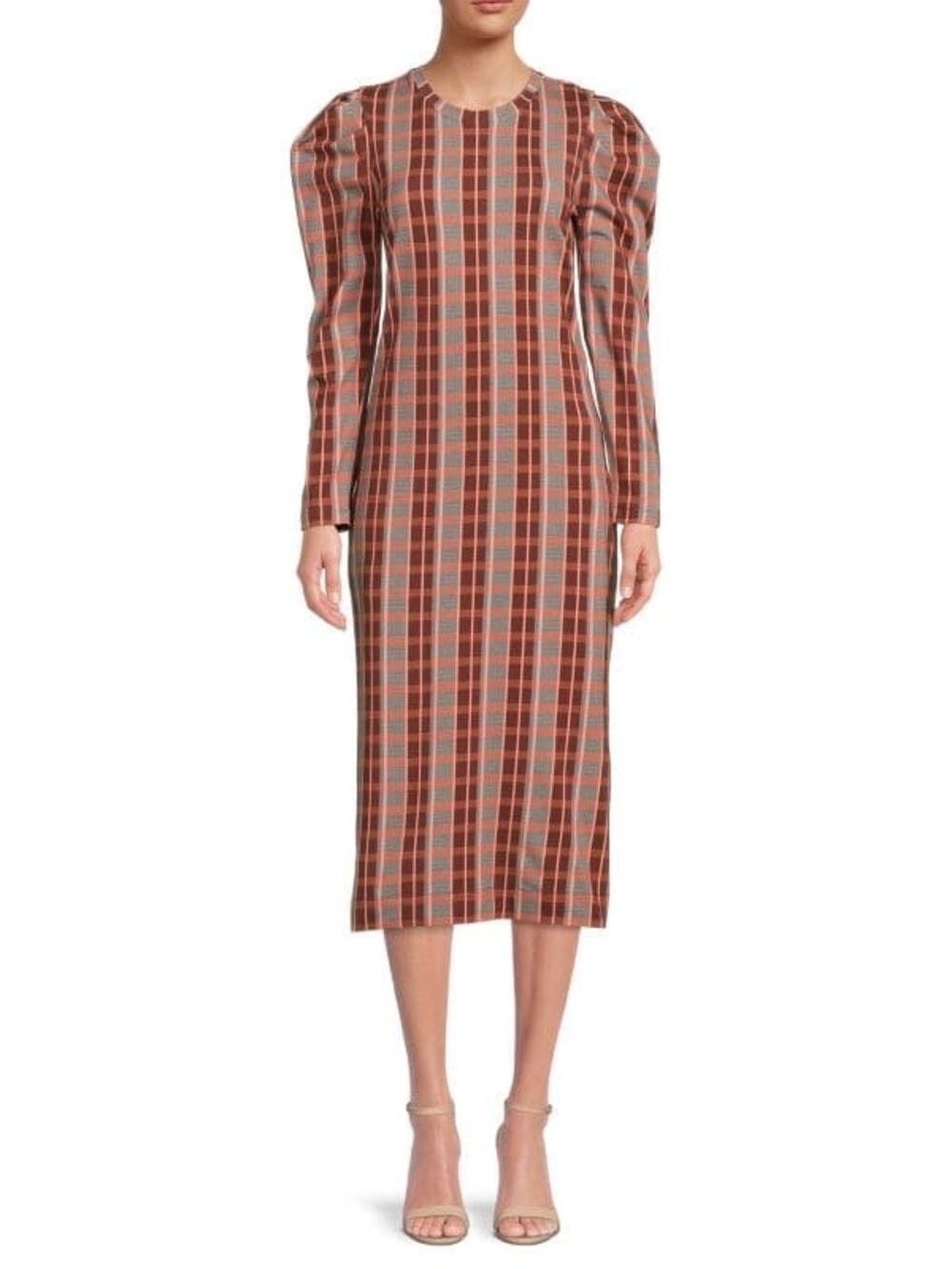 Tanya Taylor Nancy Puff Long Sleeve Maroon Multi Plaid Midaxi Shift Dress Size M